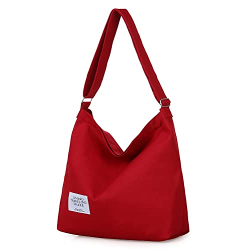 Covelin Women's Retro Large Size Canvas Shoulder Bag Hobo Crossbody Handbag Casual Tote - color: Dark Red