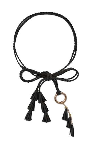 TeeYee Women Girls Multi Colors Braided Waist Tie Belt/Rope/Chain with Tassel Fringe Wrap Cloth Belts for Ladies Dress Pants - color: 286black