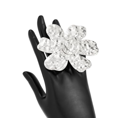 Gold Large Hammered Flower Knuckle Rings for Women, Statement Boho Silver Exaggerated Big Floral Finger Ring Non Tarnish Trendy Prom Party Jewelry