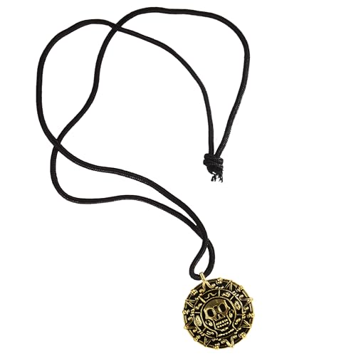Giraffe Manufacturing Antique Coin Necklace - Medallion Skull Pendant with Black Cord Gold Pirate Accessories Women, Pirate Cosplay Halloween Jewelry for Women & Men for Costume Parties & Gifts