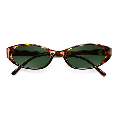 FEISEDY Retro Oval Womens Sunglasses, Trendy Cat Eye Skinny Chic Narrow Y2K 90s Small Sunnies B9177 - color: Leopard Frame - Dark Green