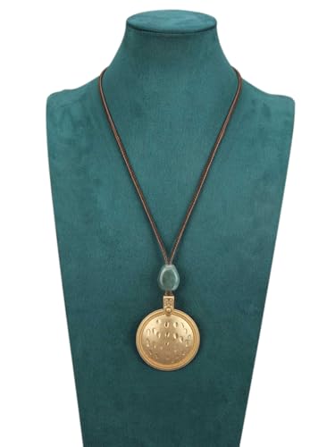 GelConnie Leather Necklace for Women Round Wooden Pendant Long Leather Choker Vintage Sweater Necklace Gold Chunky Boho Necklaces for Women - style: Boho Necklace Women Long