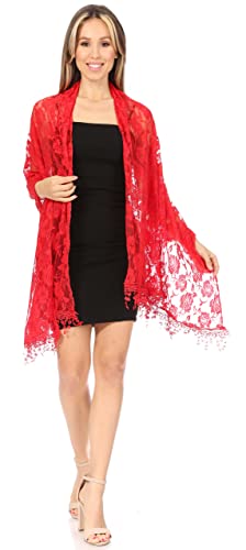 Sakkas Mari Women's Large Lightweight Soft Lace Scarf Wrap Shawl Floral and Fringe - color: Rosered