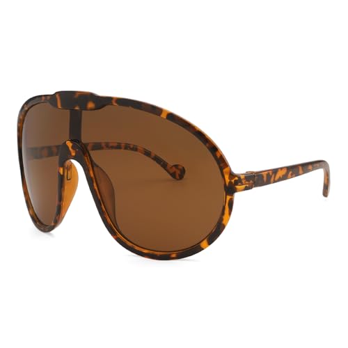 Dollger Oversized One Piece Sunglasses For Women Fashion Men Wrap Around UV400 Shield Goggles - color: Leopard Frame Tea Lenses