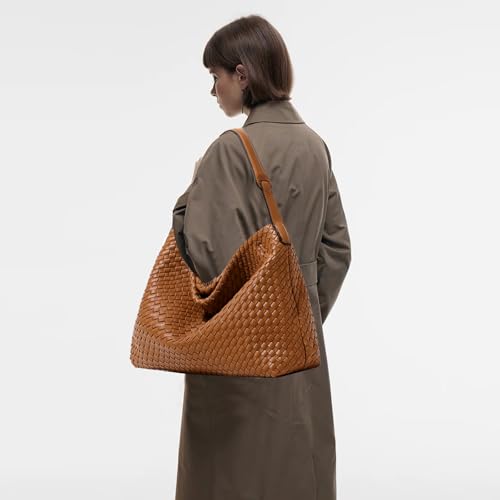 JINMANXUE Women Boston Bag, Woven Hobo Tote Handbag and Purses, Female Satchel Messenger Bags, Fashion Shoulder Crossbody Bag - color: Amber Brown