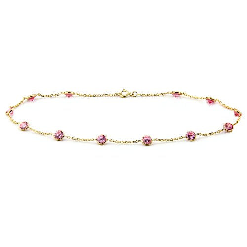 14K Yellow Gold Station Bracelet With 4mm Pink Cubic Zirconia By The Yard 7-8.5 Inch - size: 8 Inches