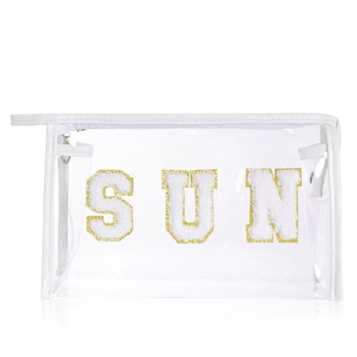 Clear Preppy Patch Makeup Bag, Sun Chenille Letter Bag for Beach, Pouch With Zipper, Travel Cosmetic Toiletry Bag for Women Girls Teens (White) - color: White