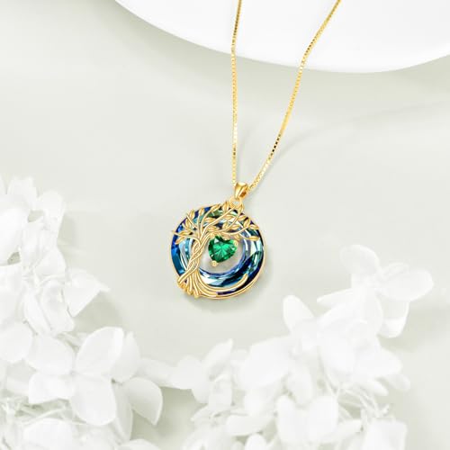 POPLYKE Mothers Day Gifts for Mom Her Wife Tree of Life Necklace 925 Sterling Silver Birthstone Pendant with Crystal Anniversary Birthday Wedding Jewelry for Women - color: 05-May-Emerald, style: 18K Gold Plated-Blue Crystal