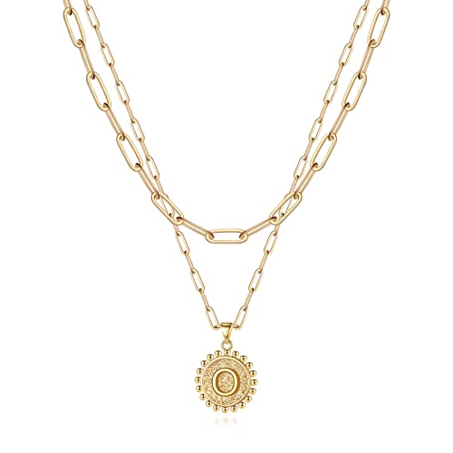 Yoosteel Layered Initial Necklaces for Women Trendy - 14K Gold-Plated Dainty Layering Paperclip Chain Coin Initial Necklace Jewelry Gifts for Women Mom Wife Teen Girls - color: Gold, style: O