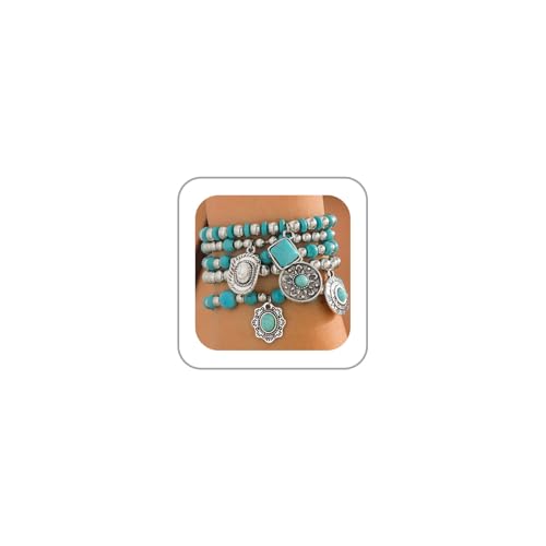 Western Outfit for Women Bohemian Vintage Stackable Turquoise Bracelet Rustic Beaded Cow Head Charm Stretch Bracelet Western Jewelry Country Concert Outfits for Women - style: Style1