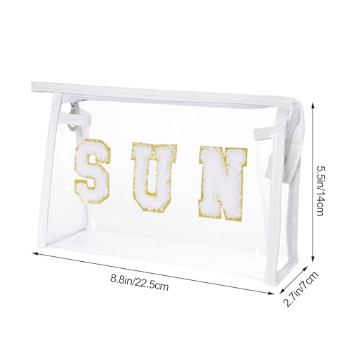 Clear Preppy Patch Makeup Bag, Sun Chenille Letter Bag for Beach, Pouch With Zipper, Travel Cosmetic Toiletry Bag for Women Girls Teens (White) - color: White