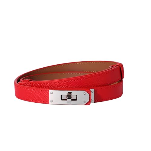 Ovekaut Women Skinny Leather Belt Solid Color Alloy Turn Lock Adjustable Waistband for Dresses Jeans Coats - color: Red-silver