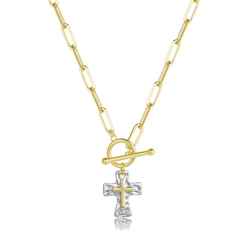 Chunky Cross Necklace for Women, 14K Gold/Silver Plated Statement Paperclip Chain Double Cross Pendant Necklaces Non Tarnish for Faith Religious Christian Jewelry Gifts - color: Silver2