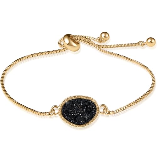 Humble Chic NY Simulated Druzy Chain Bracelet for Women - Boho Stackable Adjustable Bolo Slider Bracelet - color: Gold - Black Stone