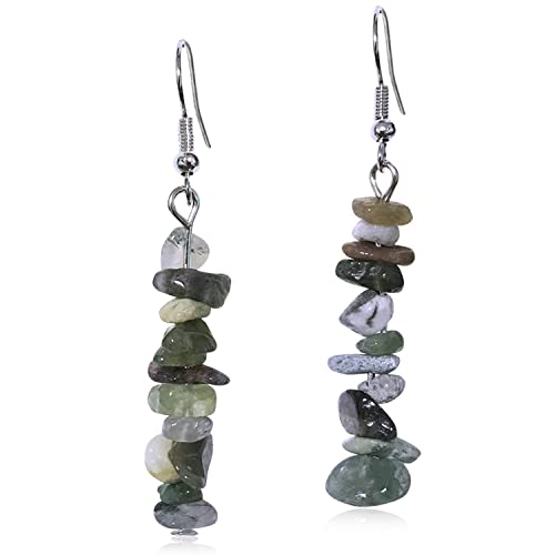 Handmade Bohemian Vintage Silver Nature Stone Beads Long Dangle Drop Earrings for Women - color: Bronze Green