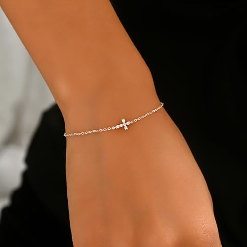 Double Cross Bracelet for Women 925 Sterling Silver Dainty 14K Gold Plated Cubic Zirconia Bracelet Faith Christian Bracelets Adjustable Chain Religious Christian Baptism Jewelry Gifts - color: Silver