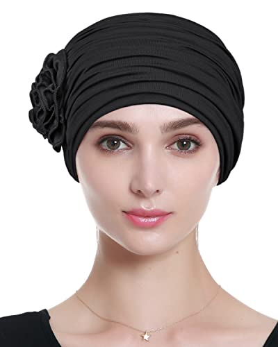 Alnorm Flower Design Chemo Hair Loss Caps Cancer Headwear for Women - color: Black