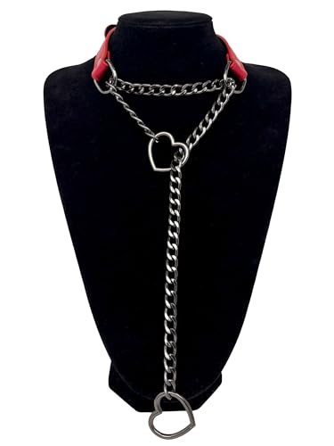 Black Leather Choker Collar For Women, Handmade Heart Slip Chain Choker Long Necklace with Adjustable Buckle - color: B-Red-Black-Black, size: 18''chain