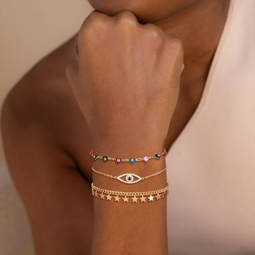 Dremmy Studios Gold Bracelet for Women 18K Gold Plated Dainty Paperclip Cubic Zirconia Disc Coin Star Cable Satellite Bead Pearl Simple Boho Minimalist Stacking Layered Link Jewelry Gift - color: Evil Eye A