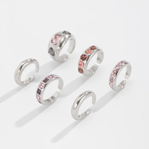 Chunky Gold Rings for Women Non Tarnish Silver Chunky Rings Set Adjustable Thick Statement Ring Gold Stackable Ring for Women Trendy Fashion Silver Jewelry - style: Style8-Purple Gemstone Silver 6Pcs