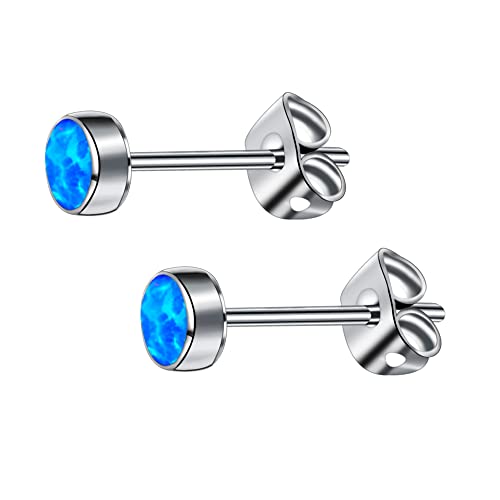 G23 Titanium Opal Stud Earrings for Women Girls Hypoallergenic Earring with 4mm 5mm Birthstone for Sensitive Ear Fashion Women's Jewelry(2pcs) - color: Blue Pacific, size: 4mm