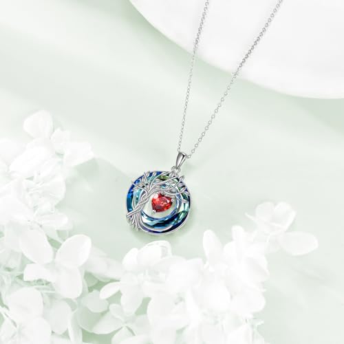 POPLYKE Mothers Day Gifts for Mom Her Wife Tree of Life Necklace 925 Sterling Silver Birthstone Pendant with Crystal Anniversary Birthday Wedding Jewelry for Women - color: 01-Jan-Garnet, style: White Gold Plated-Blue Crystal
