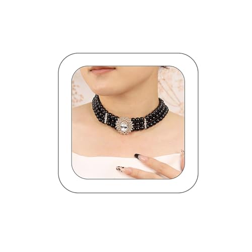 Bethynas Boho Layered Pearl Rhinestones Choker Necklace Vintage Chunky Pearl Crystal Pendant Short Necklace Chain Bridal Prom 1920s Costume Party Jewelry for Women - color: Pearl 8 - black