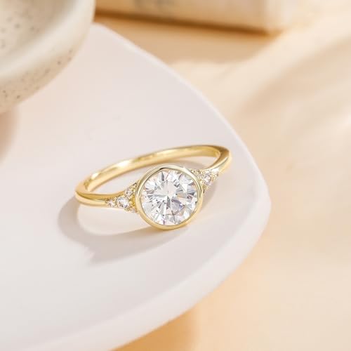 EAMTI 2CT Engagement Rings for Women Round Cut CZ Solitaire Promise Wedding Bands Travel Bezel Ring 14K Gold Plated Size 4-10 - color: Brass-Gold