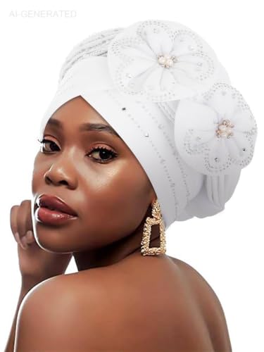 Woeoe Beanie Cap Head Wrap Black Rhinestones Head Scarf Flower Pearls Twisted Head Turban for Women Girls - color: White