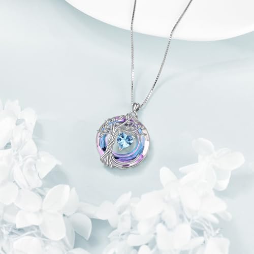 POPLYKE Mothers Day Gifts for Mom Her Wife Tree of Life Necklace 925 Sterling Silver Birthstone Pendant with Crystal Anniversary Birthday Wedding Jewelry for Women - color: 03-Mar-Aquamarine, style: White Gold Plated-Amethyst Crystal