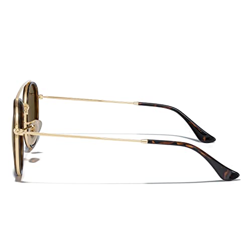 MERRY'S Retro Round Polarized Sunglasses - Unisex Double Bridge Sun Glasses - color: Leopard Frame/Gold Bridge/Brown Lens