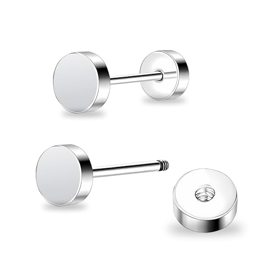 ZDE Women Earrings Flat Back Dot Earrings Titanium Hypoallergenic Cartilage Non-Nickel Earrings Studs for Sensitive Ears Simple Classic 3mm/4mm/5mm/6mm Screw On Stud Earring - color: Silver, size: 5MM