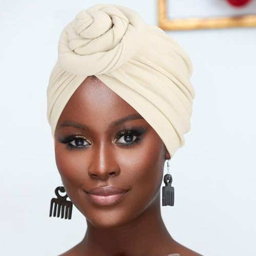 African Women Turban Caps Pre-Tied Twisted Turbans Head Scarf for Women Hair Wraps Cover Beanie Cancer Chemo Headwear - color: 1 Pack Flower: White