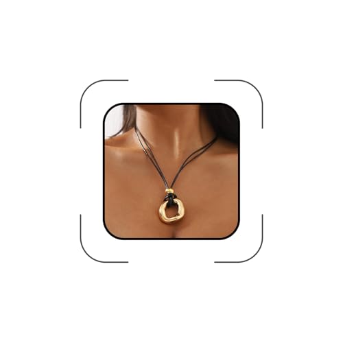 GIGB PBDK Chunky Gold Choker Necklace for Women,Dainty 14K Gold Geometric Hollow Circle Round Pendant Necklace Black Leather Rope Collar Necklace Gifts - color: Gold