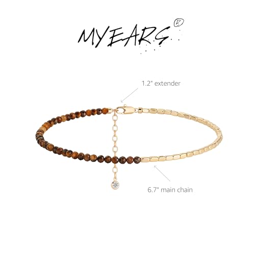 MYEARS Women Beaded Bracelet Gold Gemstone 14K Simple Dainty Handmade Chain Everyday Boho Beach Jewelry - style: Yellow Tiger's Eye