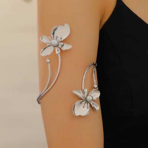 Arm Cuff Jewelry for Women Adjustable Flower Cuff Bangle Bracelet Gold Armband Upper Jewelry Gifts for Women Boho Western Accessories - color: B2:silver flower