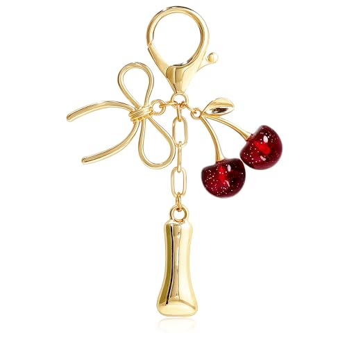 Cute Initial Cherry, Bow, Heart & More Styles - Personalized Keychain Bag Charms & Purse Accessories for Handbags - color: Red Cherry, style: I