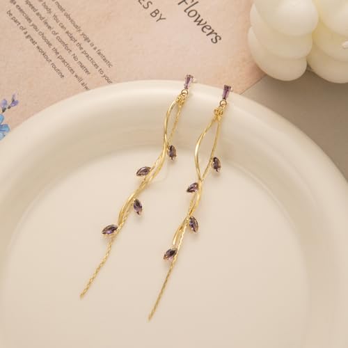 Temperament Long Zircon Tassel Earrings for Women Charm Jewelry Sparkling Crystal Leaves Twist Dangle Earrings for Friends - color: Gold-Purple Leaves
