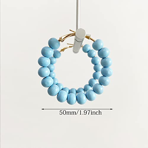 Handmade Nature Wooden Beaded Hoop Earrings Bohemian Minimalist Colorful Circle Round Wood Bead Earrings Vintage Chic Wooden Ethnic Dangle Drop Earrings for Women Statement Jewelry Gifts - color: Light Blue