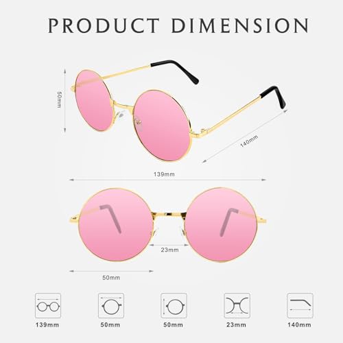 NACHLYNN Round Hippie Sunglasses Metal Border Circle Hippie Glasses UV380 Protection 70s Sunglasses for Men Women Party Favor - color: Pink