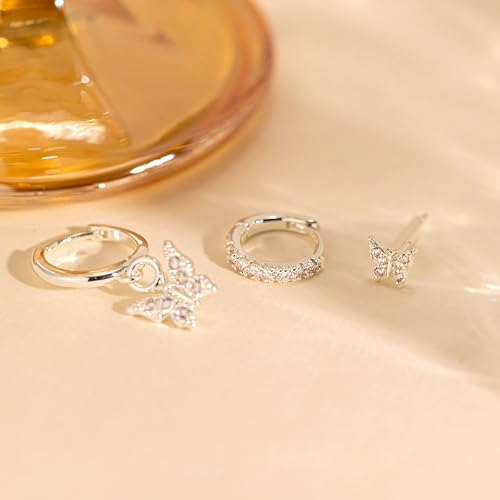 3 Pairs Small Earring Stacks, 14K Gold/Silver/Black/Rose Gold Plated Pearl Heart Butterfly Star Diamond Charm Drop Huggie Earrings Trendy Jewelry Gift for Women - color: Silver-Butterfly