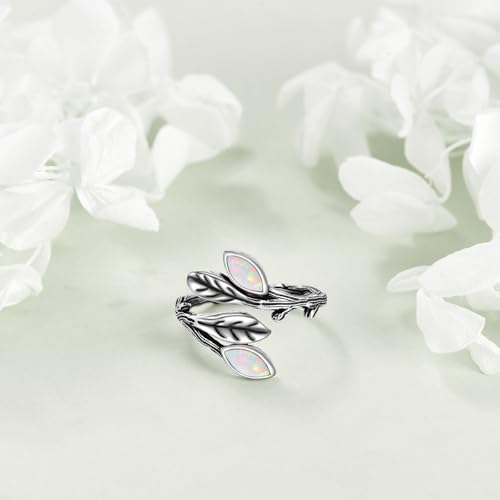 POPLYKE Sterling Silver Spoon Ring Vintage Thumb Rings Boho Adjustable Open Ring Statement Jewelry Gifts for Women - style: A-Opal Leaf