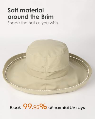 Sun Hats for Women Gardening Hat Wide Brim Ponytail Beach Sun Protection Breathable Cotton Summer Hat with Fold-Up Brim - color: 02light Khaki