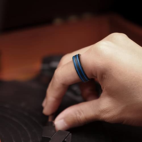 King Will Mens Tungsten Rings for Men Two Tone Grooved Mens Wedding Band Cool - color: Black & Blue Two Groove 6mm