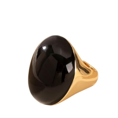 Kokoma Geometric Oval Statement Ring for Women Minimalist Open Adjustable Ring Gold Plated Bold Dome Cocktail Rings Promise Anniversary Band Jewelry - color: Black