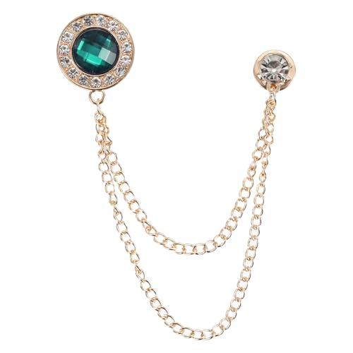 PATIKIL Gem Chain Brooch Pins, Hanging Chain Brooch Suit Pin Tassel Chain Round Crystal Badge Lapel Collar Pins for Men Shirts - color: Gold Tone(Green)
