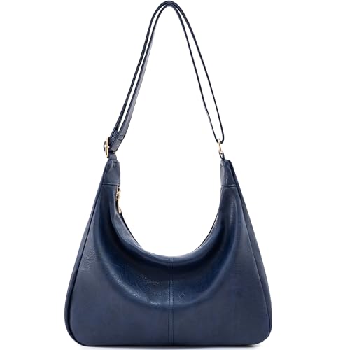 Hobo Bags for Women Foldable Vegan Leather Shoulder Handbag Slouchy Tote Crossbody Purses - color: Dark Blue