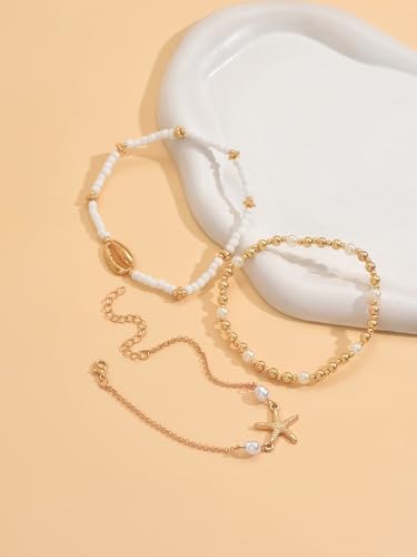 INENIMARTJ Shell Anklet Bracelet for Women Gold and White Beaded Elastic Stack Ankle Bracelet Hawaiian Beach Seashell Starfish Anklet Puka Shell Starfish Foot Jewelry for Women Beach Accessories - style: style B