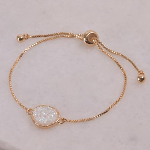Humble Chic NY Simulated Druzy Chain Bracelet for Women - Boho Stackable Adjustable Bolo Slider Bracelet - color: Gold - White Created Opal