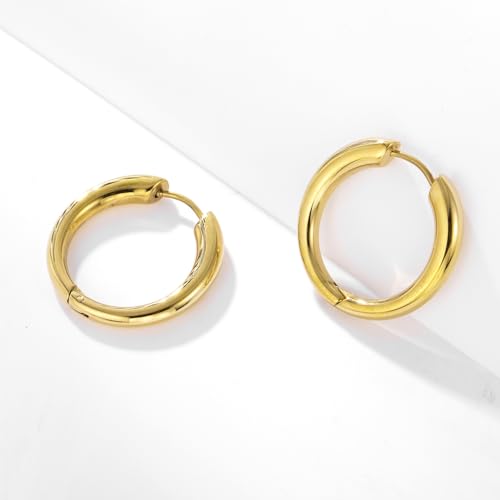 Stainless Steel Hoop Earrings for Women Gold Tone Geometric, Huggie Heart Twisted Minimalist Engraved Designs for Daily Wear - color: Gold_25mm